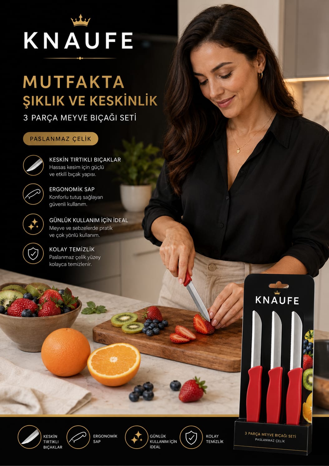 KNAUFE üç parçalı meyve bıçağı setinin mutfakta kullanımı