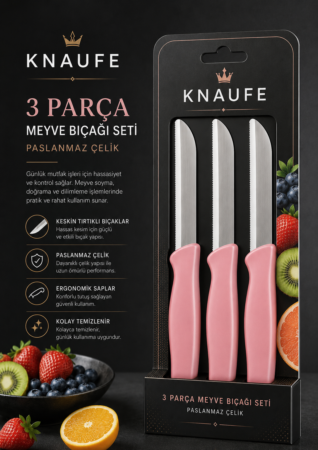 KNAUFE pembe saplı üç parçalı meyve bıçağı seti