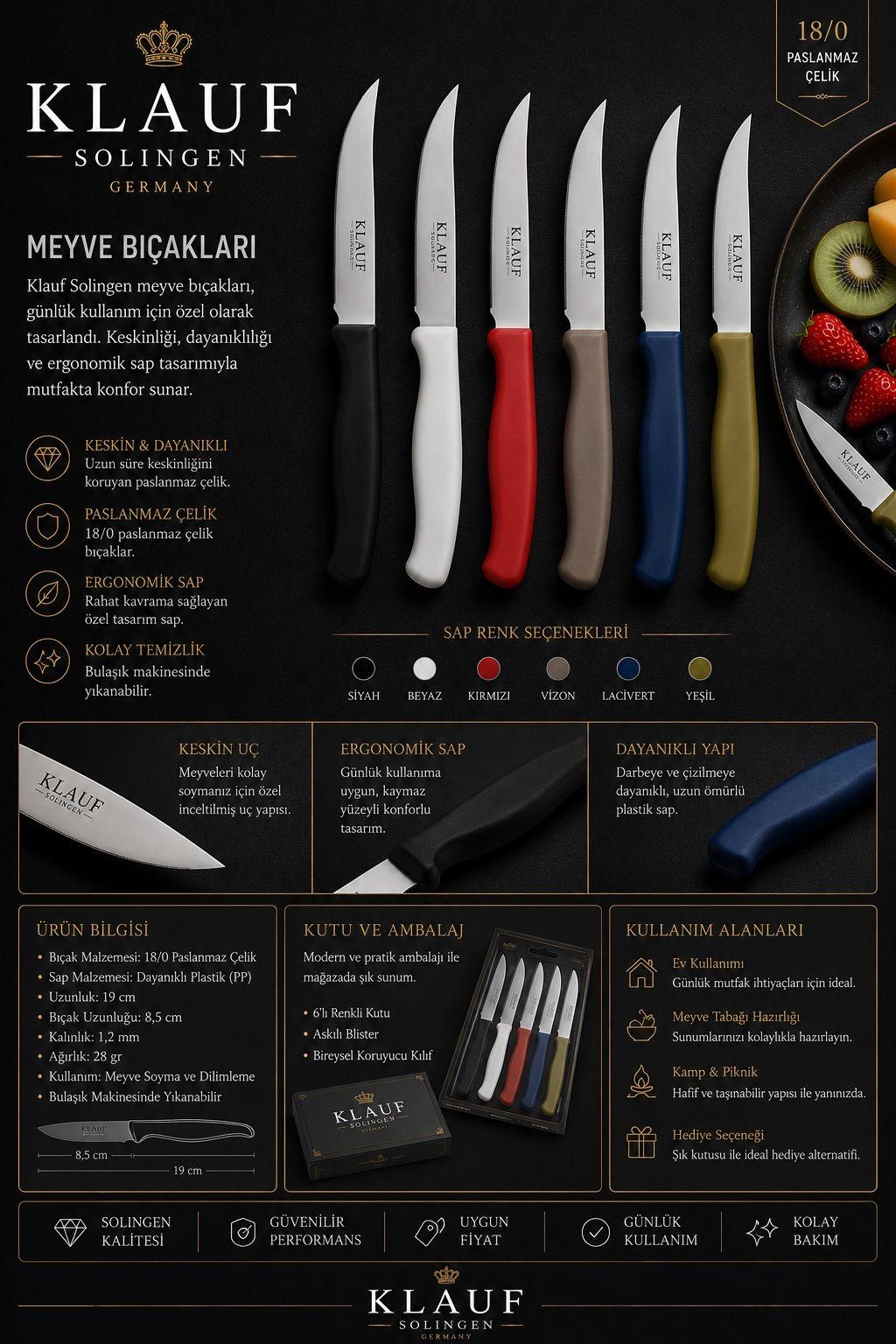 KLAUF Solingen renkli meyve bıçakları