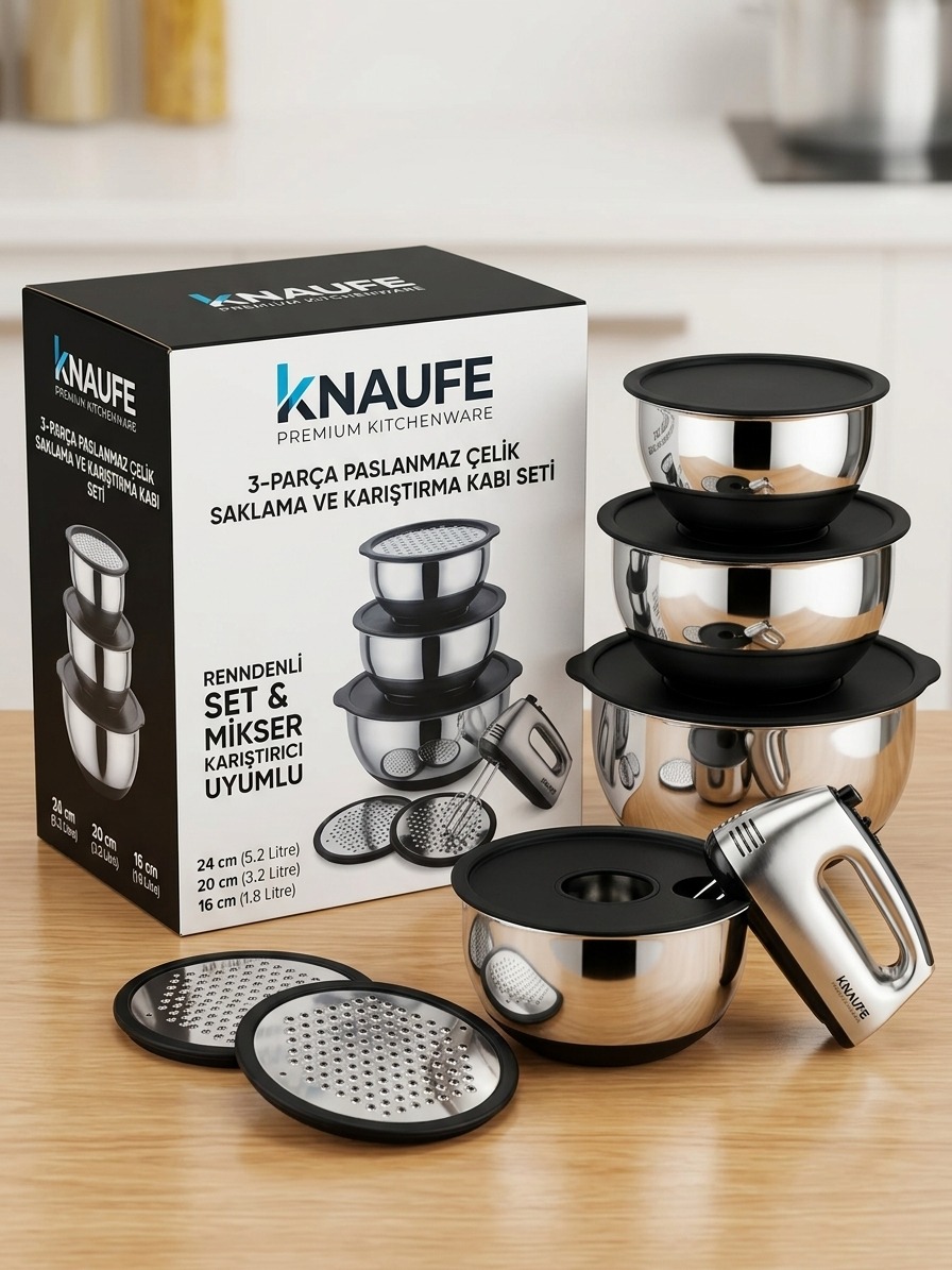 KNAUFE 3 parça çelik saklama ve karıştırma kabı seti